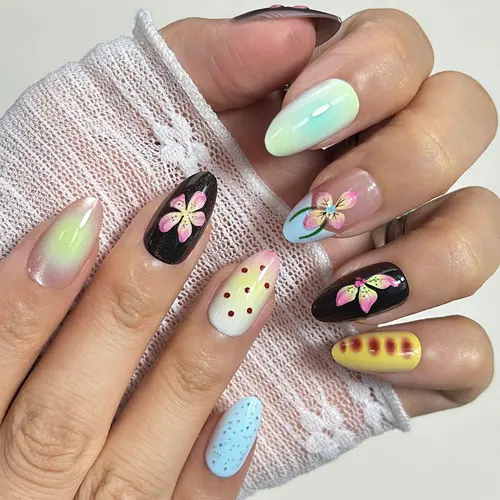 Fresh 3D Flower and Dot Ombré Short Almond Press-On Nails photo 3
