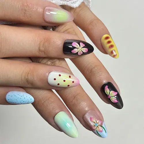 Fresh 3D Flower and Dot Ombré Short Almond Press-On Nails photo 4