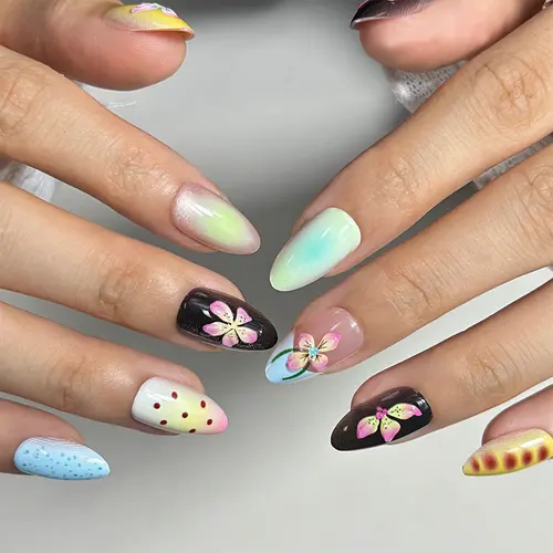Fresh 3D Flower and Dot Ombré Short Almond Press-On Nails photo 5