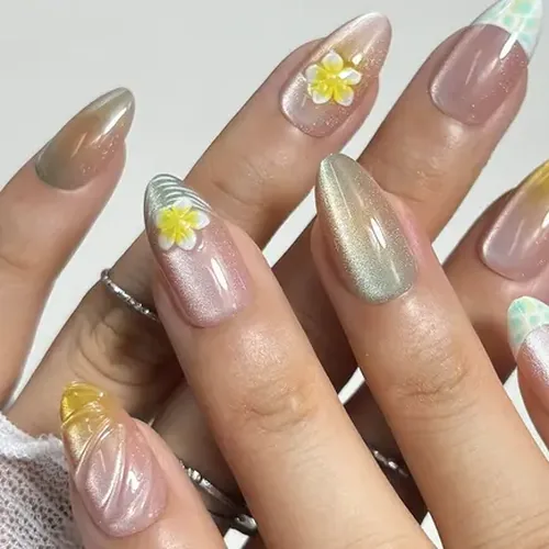 Fresh Flower French Ombré Cat Eye Short Almond Press-On Nails photo 3