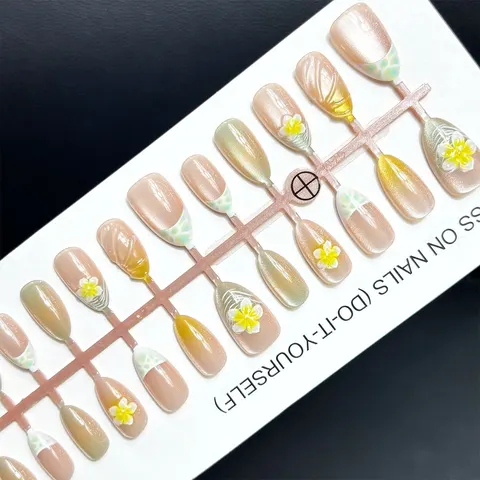 Fresh Flower French Ombré Cat Eye Short Almond Press-On Nails design 1