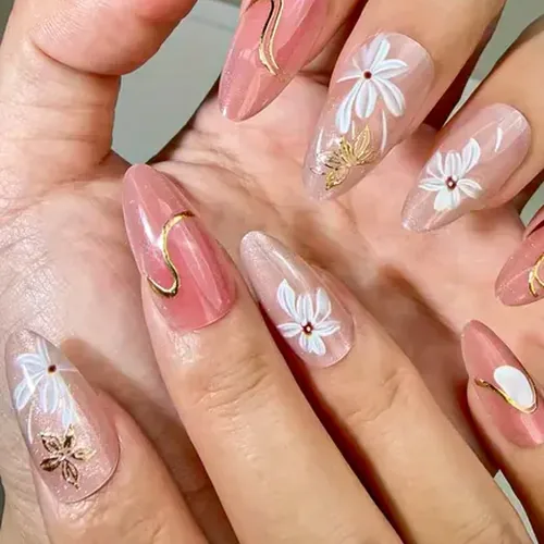 Gold Foil Flower Aura Cat Eye Almond Press-On Nails photo 2