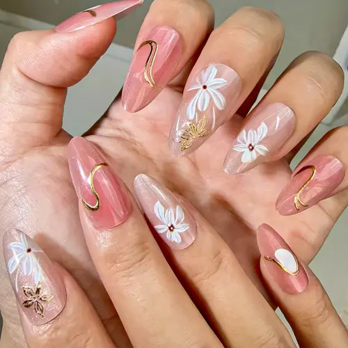Gold Foil Flower Aura Cat Eye Almond Press-On Nails photo 3