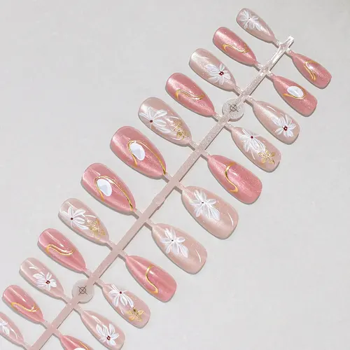 Gold Foil Flower Aura Cat Eye Almond Press-On Nails photo 4
