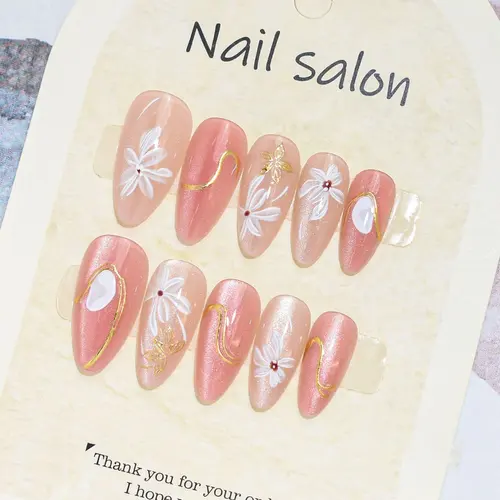 Gold Foil Flower Aura Cat Eye Almond Press-On Nails photo 5