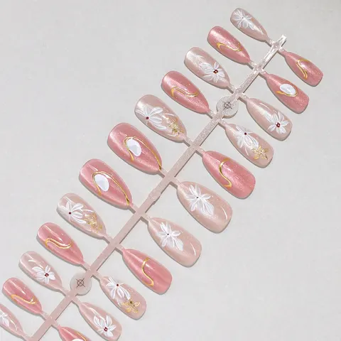 Gold Foil Flower Aura Cat Eye Almond Press-On Nails design 1