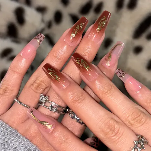Gold Foil Leopard Ombré Medium Square Press-On Nails photo 2