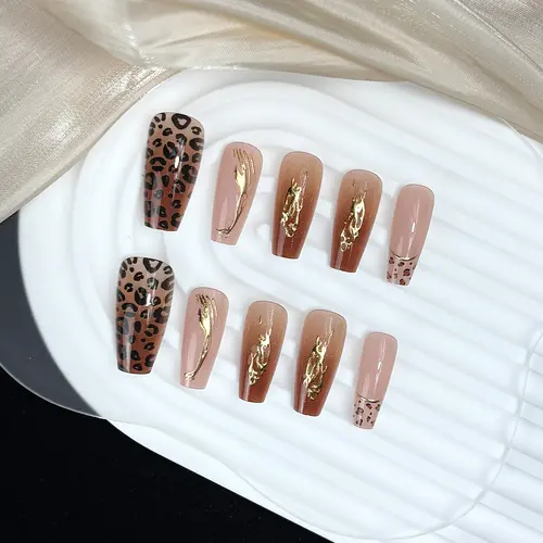 Gold Foil Leopard Ombré Medium Square Press-On Nails photo 4