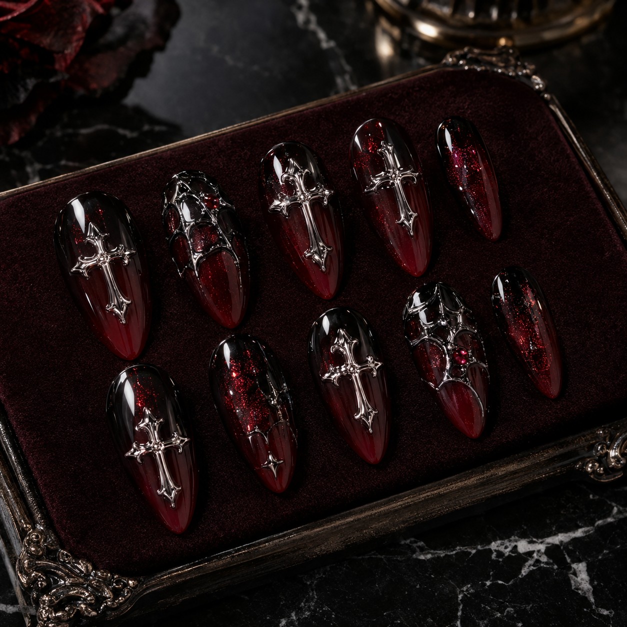 Gothic Chrome Cross and 3D Spider Web Blood Ombré Halloween Press-On Nails
