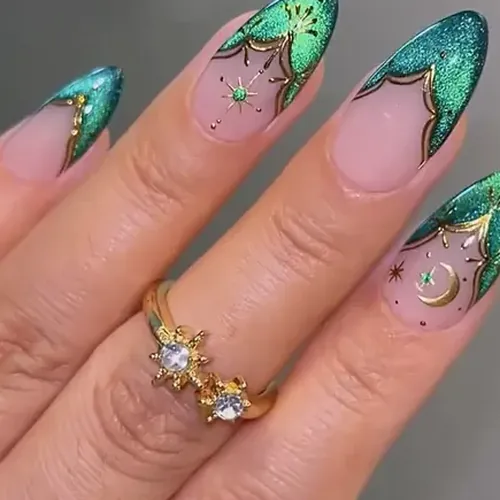Green French Rhinestone Star Cat Eye Almond Press-On Nails photo 3