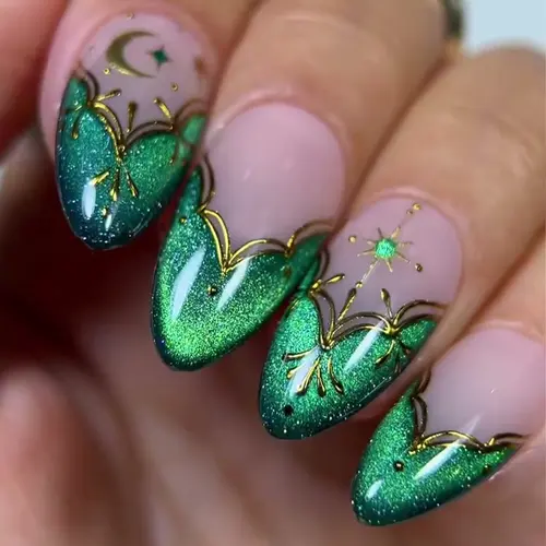 Green French Rhinestone Star Cat Eye Almond Press-On Nails photo 4