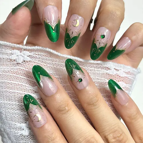 Green French Rhinestone Star Cat Eye Almond Press-On Nails photo 5