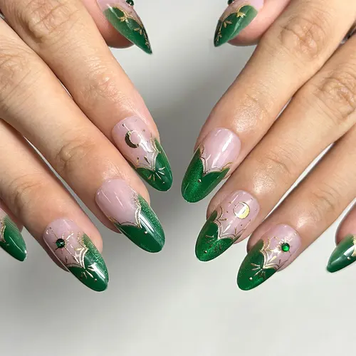 Green French Rhinestone Star Cat Eye Almond Press-On Nails photo 6