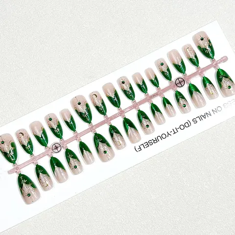 Green French Rhinestone Star Cat Eye Almond Press-On Nails design 1