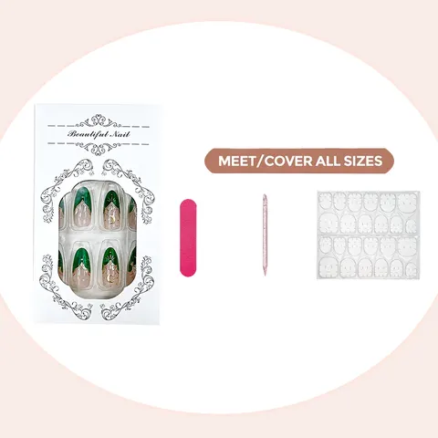 Green French Rhinestone Star Cat Eye Almond Press-On Nails design 2