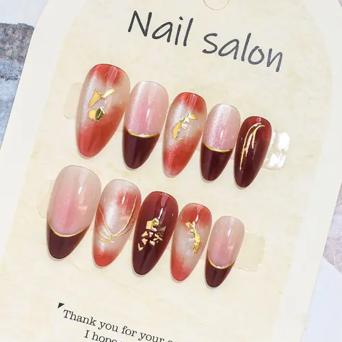 Flower Gold Foil French Almond Press-On Nails photo 6