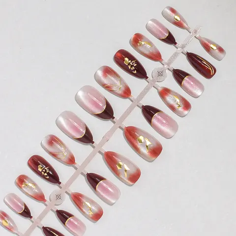 Flower Gold Foil French Almond Press-On Nails design 1