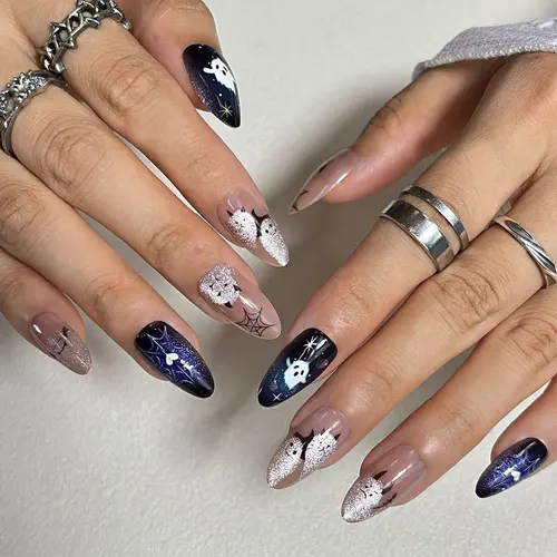 Ghost and Starry Sky Halloween Cat Eye Press-On Nails photo 6