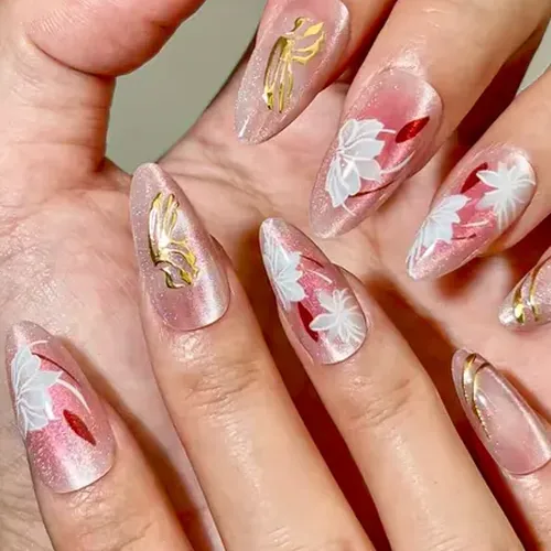 Flower Blush Ombré Cat Eye Almond Press-On Nails photo 2