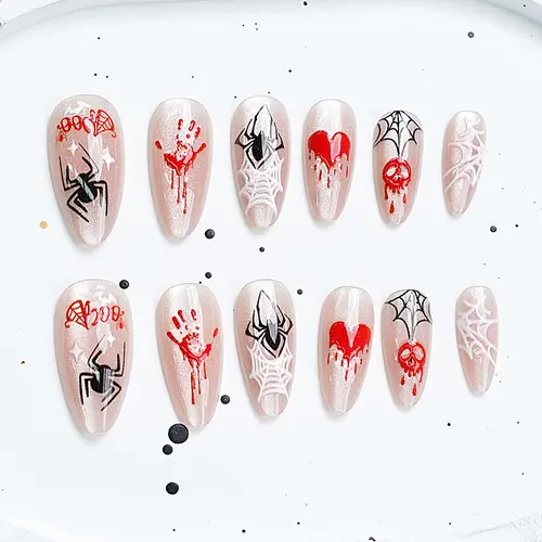 Heart and Spider Halloween Cat Eye Almond Press-On Nails photo 3