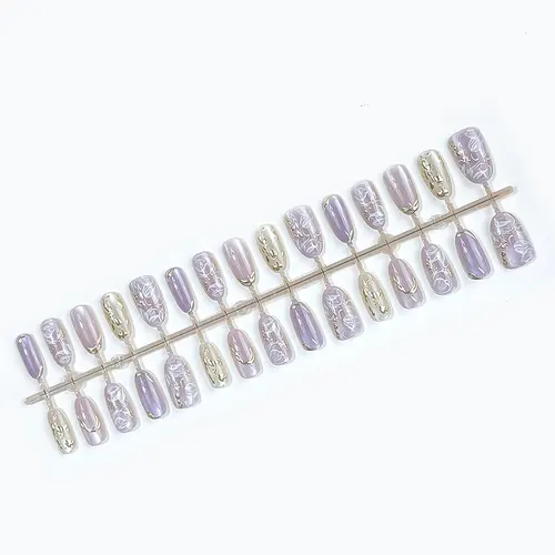 Lavender Jelly Gold Foil 3D Flower Short Oval Press-On Nails photo 5