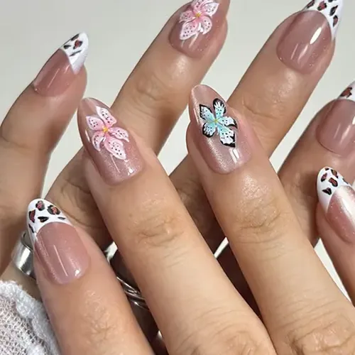 Leopard 3D Flower Clear Cat Eye Short Almond Press-On Nails photo 2