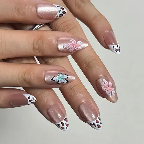 Leopard 3D Flower Clear Cat Eye Short Almond Press-On Nails photo 4