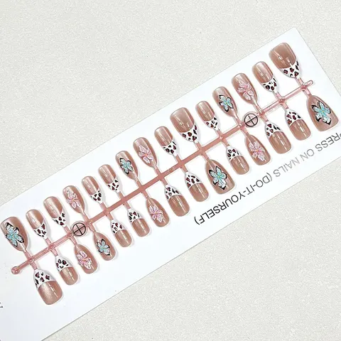 Leopard 3D Flower Clear Cat Eye Short Almond Press-On Nails design 1