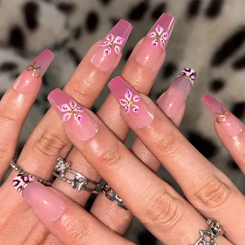 Leopard and 3D Flower Gold Foil Medium Square Press-On Nails photo 2