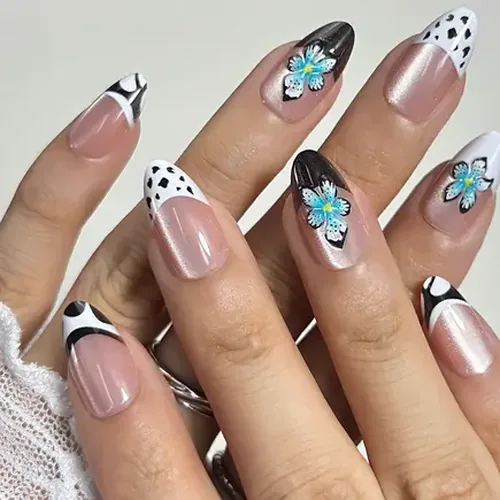 Leopard French 3D Flower Cat Eye Short Almond Press-On Nails photo 2