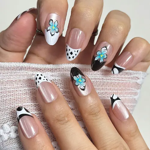 Leopard French 3D Flower Cat Eye Short Almond Press-On Nails photo 3