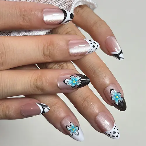 Leopard French 3D Flower Cat Eye Short Almond Press-On Nails photo 5