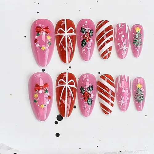 Magenta Bow and Bell Christmas Cat Eye Almond Press-On Nails photo 3