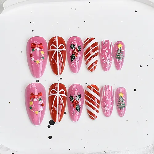 Magenta Bow and Bell Christmas Cat Eye Almond Press-On Nails photo 4
