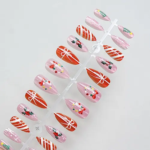Magenta Bow and Bell Christmas Cat Eye Almond Press-On Nails photo 5