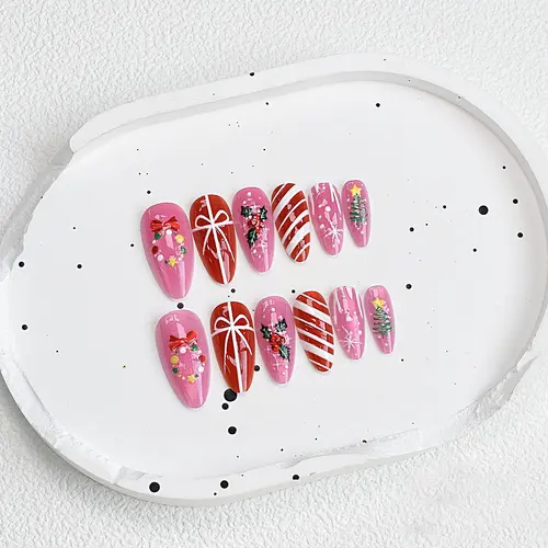 Magenta Bow and Bell Christmas Cat Eye Almond Press-On Nails photo 6