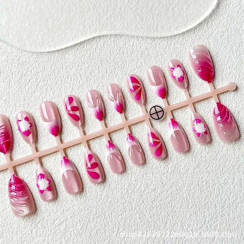 Magenta Flower and Blush Cat Eye Short Almond Press-On Nails design 1