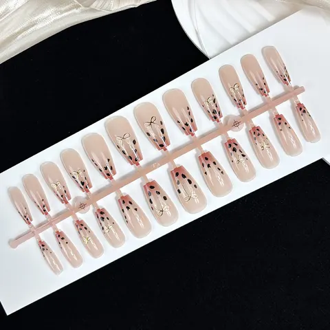 Nude Ombré Leopard Gold Foil Medium Square Press-On Nails design 1