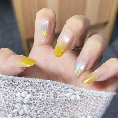 Nude and Turmeric Ombré Painted Flower Press-On Nails photo 2
