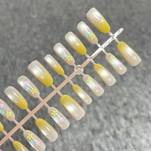 Nude and Turmeric Ombré Painted Flower Press-On Nails photo 3