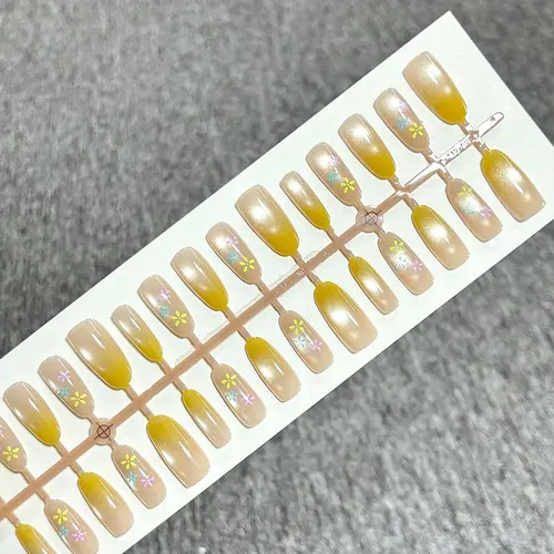 Nude and Turmeric Ombré Painted Flower Press-On Nails photo 4