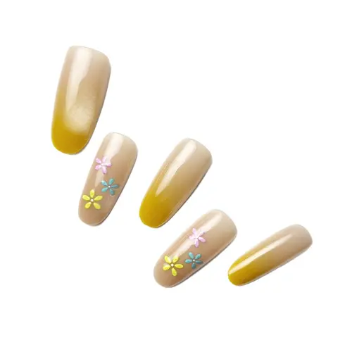 Nude and Turmeric Ombré Painted Flower Press-On Nails photo 5