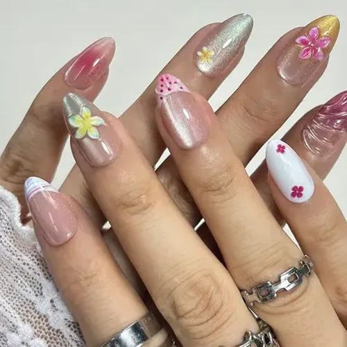 Ocean Flower French Cat Eye Short Almond Press-On Nails photo 2