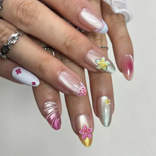 Ocean Flower French Cat Eye Short Almond Press-On Nails photo 3