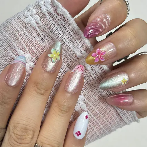 Ocean Flower French Cat Eye Short Almond Press-On Nails photo 4