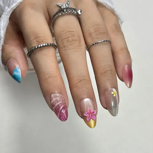 Ocean Flower French Cat Eye Short Almond Press-On Nails photo 5