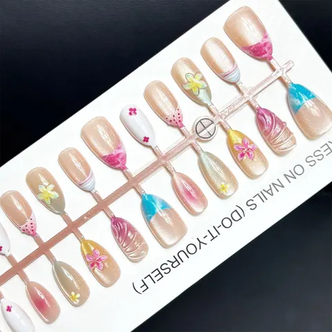 Ocean Flower French Cat Eye Short Almond Press-On Nails design 1