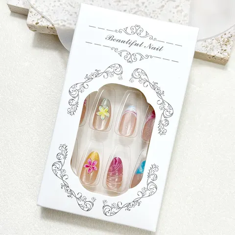 Ocean Flower French Cat Eye Short Almond Press-On Nails design 2
