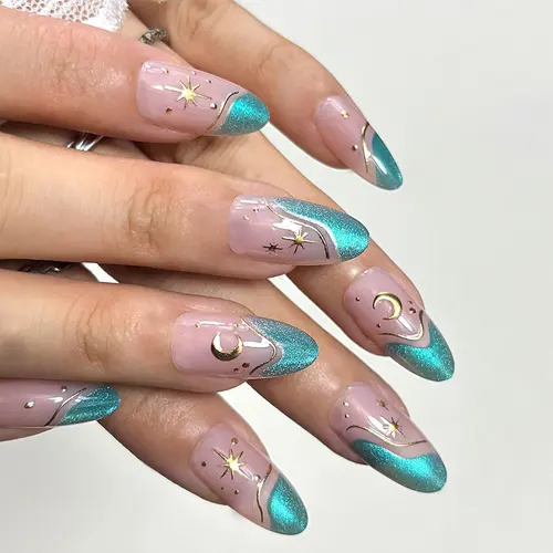 Ocean Star and Moon Gold Foil Cat Eye Almond Press-On Nails photo 5