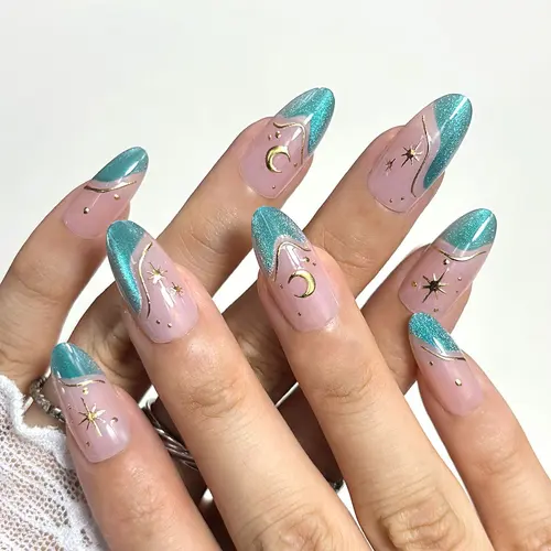 Ocean Star and Moon Gold Foil Cat Eye Almond Press-On Nails photo 6